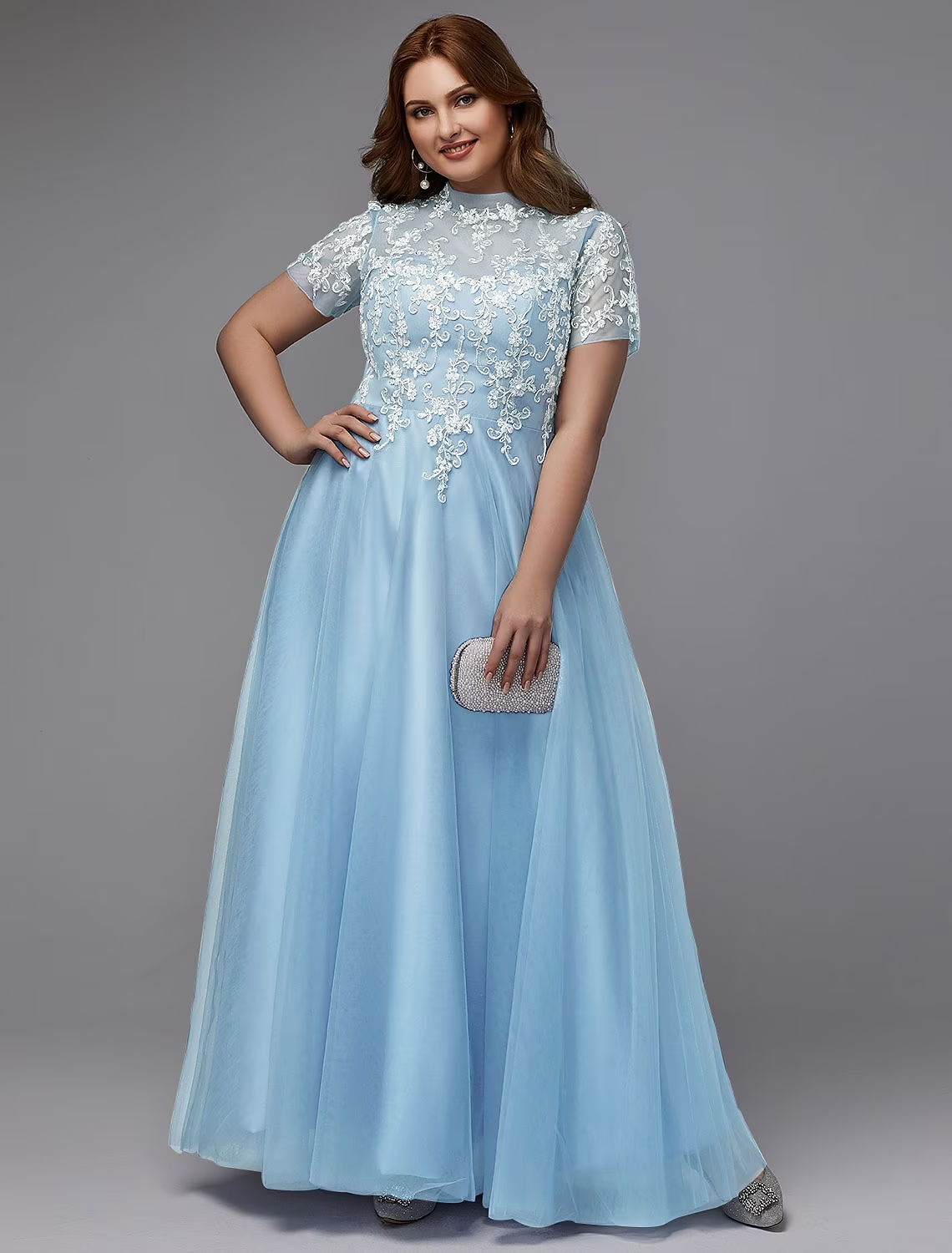 A-Line Plus Size Dress Wedding Guest Floor Length Short Sleeve High Neck Lace Lace-up with Appliques Mother of the Bride Dresses