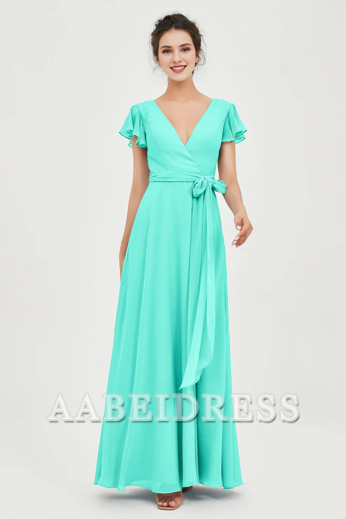 AABEI DRESS Bridesmaid Dresses Chiffon A-Line V-neck Flutter Sleeves Pleated Lace up Floor-Length Elegant Simple Wedding Guests Dresse