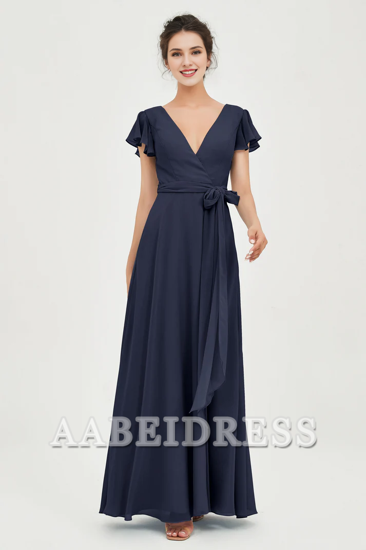 AABEI DRESS Bridesmaid Dresses Chiffon A-Line V-neck Flutter Sleeves Pleated Lace up Floor-Length Elegant Simple Wedding Guests Dresse