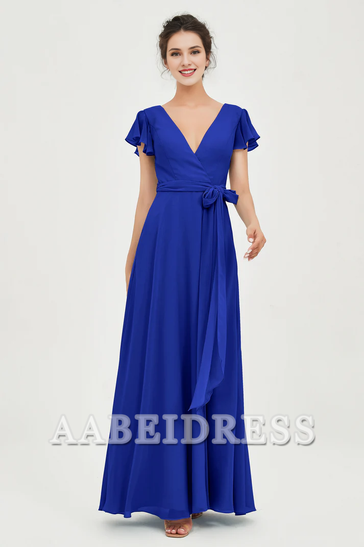 AABEI DRESS Bridesmaid Dresses Chiffon A-Line V-neck Flutter Sleeves Pleated Lace up Floor-Length Elegant Simple Wedding Guests Dresse