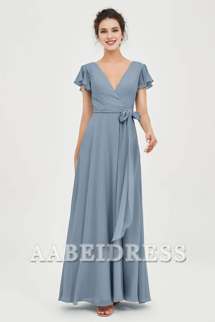 AABEI DRESS Bridesmaid Dresses Chiffon A-Line V-neck Flutter Sleeves Pleated Lace up Floor-Length Elegant Simple Wedding Guests Dresse