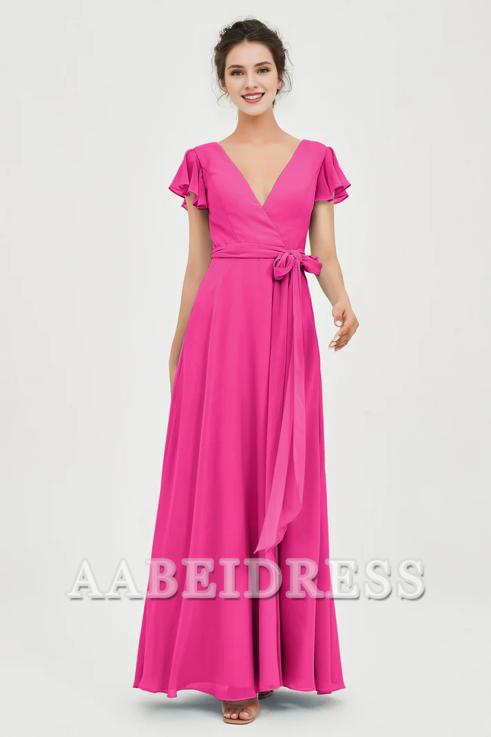 AABEI DRESS Bridesmaid Dresses Chiffon A-Line V-neck Flutter Sleeves Pleated Lace up Floor-Length Elegant Simple Wedding Guests Dresse