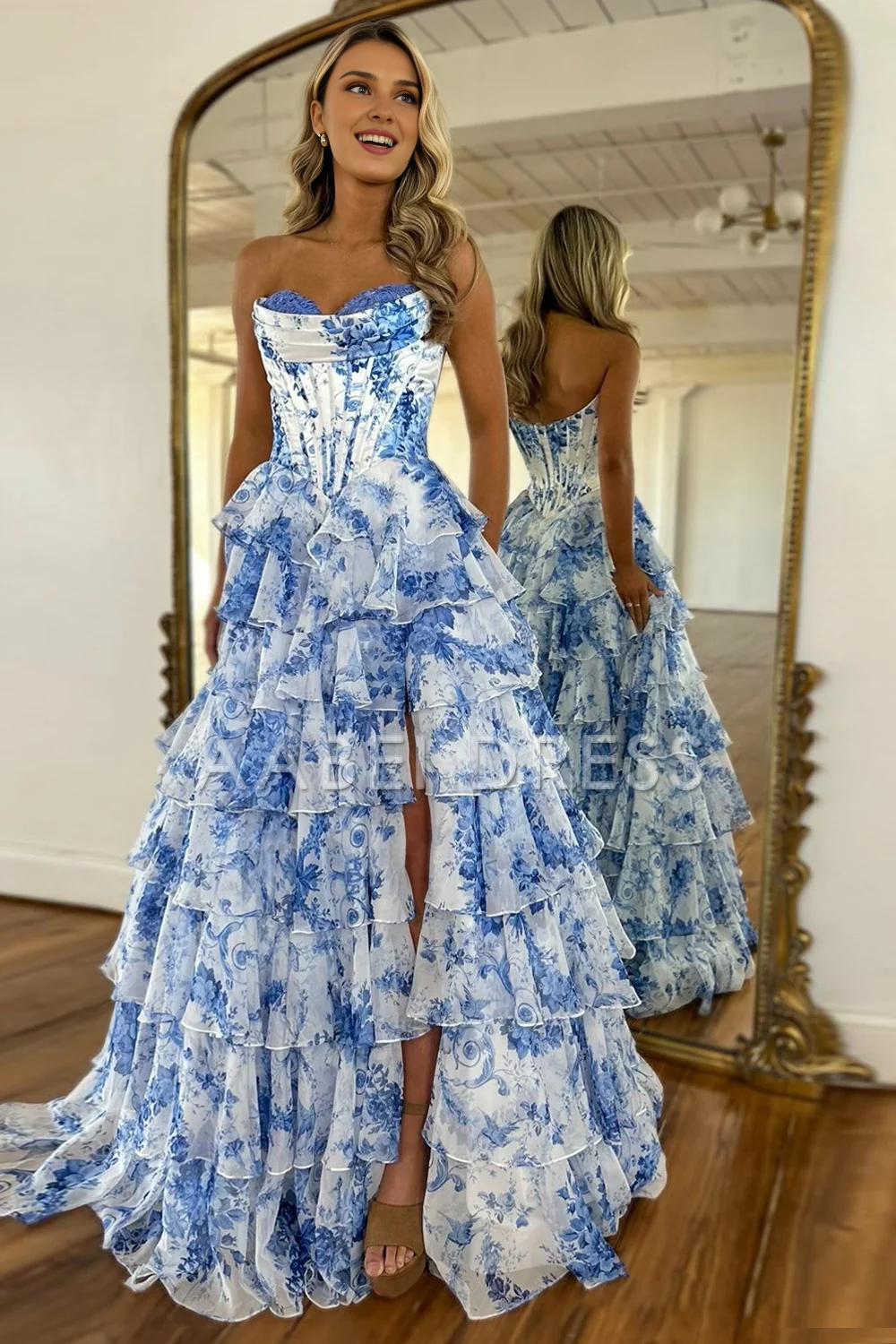 AABEI DRESS Prom Dress Romantic A-Line Sweetheart Retro Print Tulle With Slit Long Formal Dress