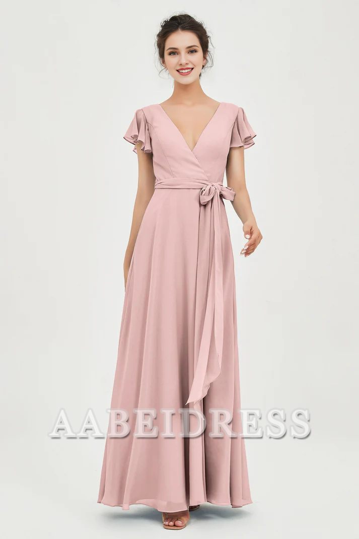 AABEI DRESS Bridesmaid Dresses Chiffon A-Line V-neck Flutter Sleeves Pleated Lace up Floor-Length Elegant Simple Wedding Guests Dresse