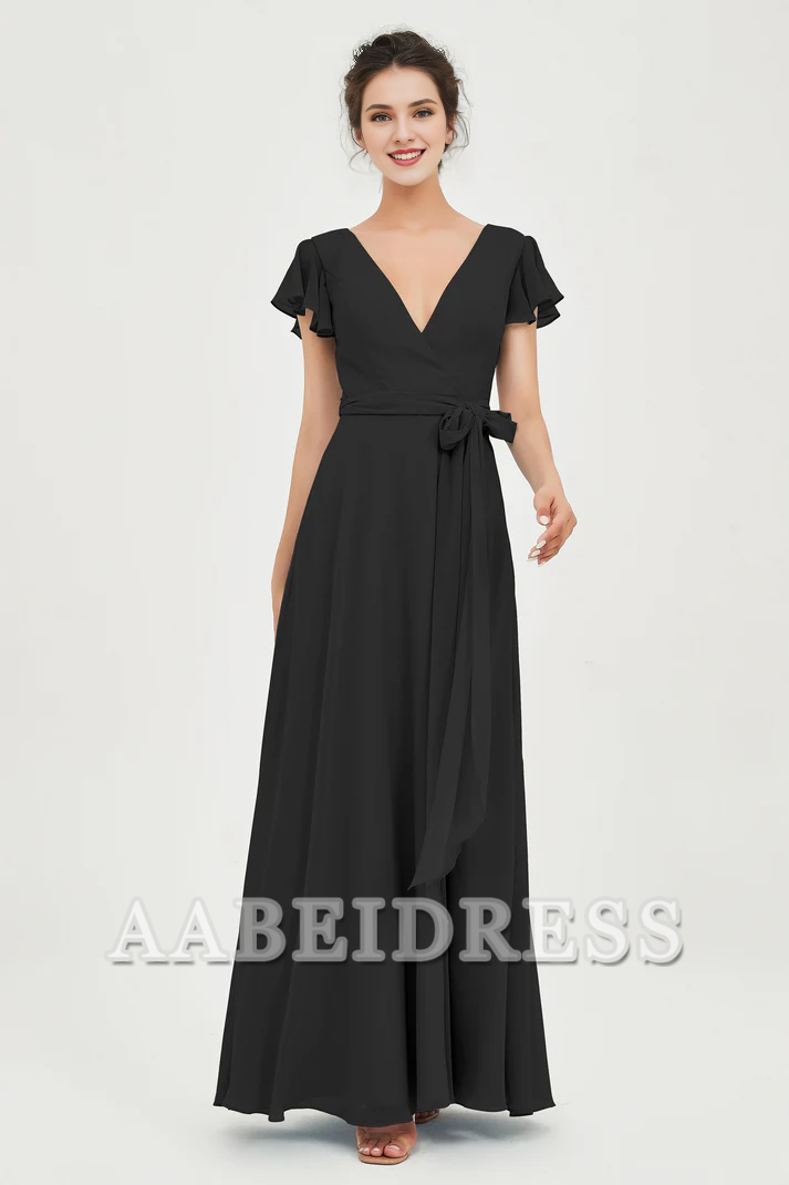 AABEI DRESS Bridesmaid Dresses Chiffon A-Line V-neck Flutter Sleeves Pleated Lace up Floor-Length Elegant Simple Wedding Guests Dresse