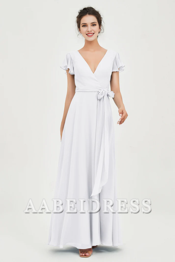 AABEI DRESS Bridesmaid Dresses Chiffon A-Line V-neck Flutter Sleeves Pleated Lace up Floor-Length Elegant Simple Wedding Guests Dresse