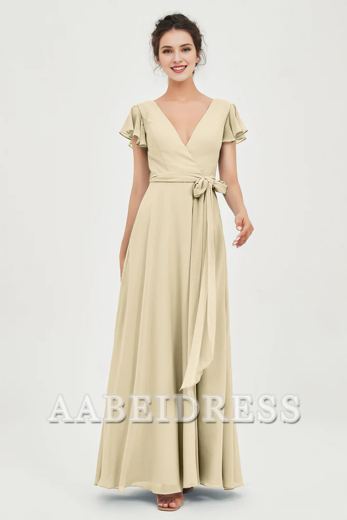 AABEI DRESS Bridesmaid Dresses Chiffon A-Line V-neck Flutter Sleeves Pleated Lace up Floor-Length Elegant Simple Wedding Guests Dresse