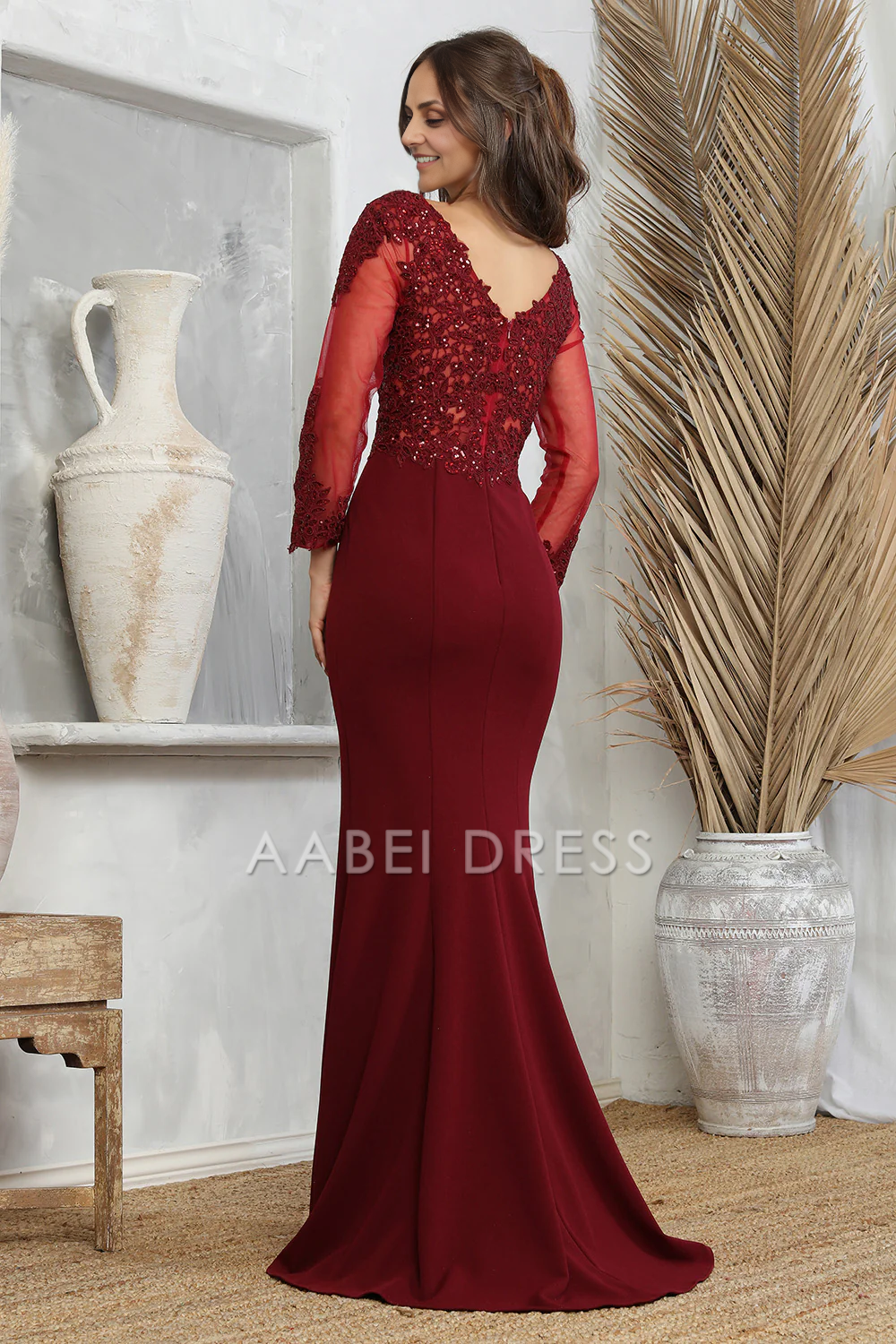 AABEI DRESS Formal Wear Dresse Elegant Mermaid V Neck Long sleeves Lace Applique Long Mother Of The Bride Dress