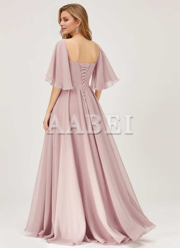 Formal Wear Dresses Bridesmaid Dresses A Line Flutter Sleeves Ruched Chiffon Side Fork Long Wedding Guest Dresses