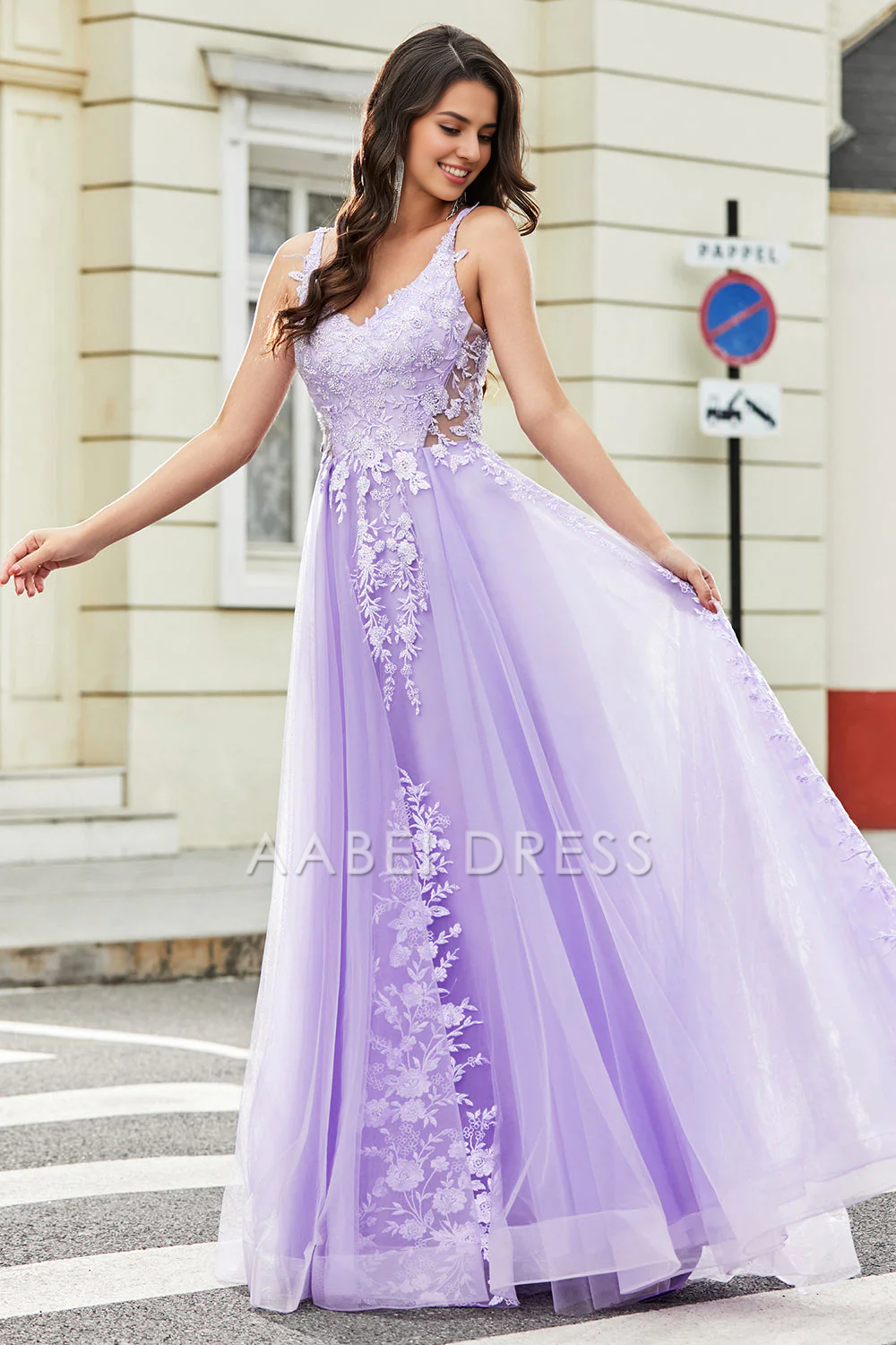 AABEI DRESS Hot Sale Prom Dress Gorgeous A Line V Neck Spaghetti Straps Backless Tulle Appliques Long Party Dress