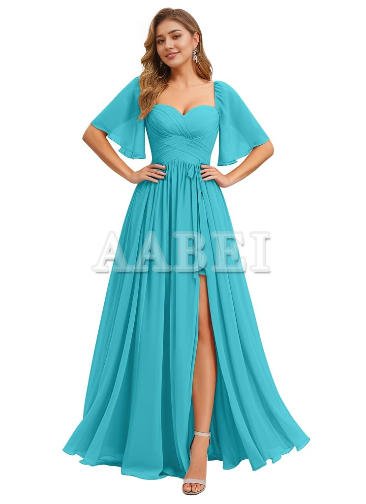 Formal Wear Dresses Bridesmaid Dresses A Line Flutter Sleeves Ruched Chiffon Side Fork Long Wedding Guest Dresses