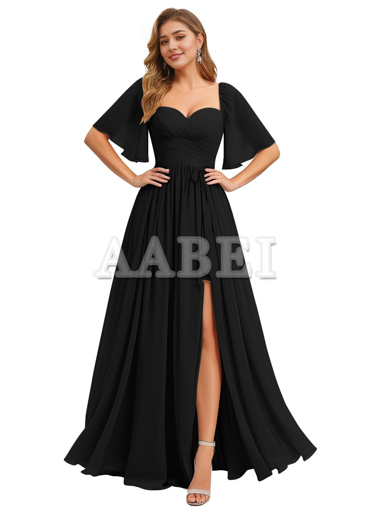 Formal Wear Dresses Bridesmaid Dresses A Line Flutter Sleeves Ruched Chiffon Side Fork Long Wedding Guest Dresses