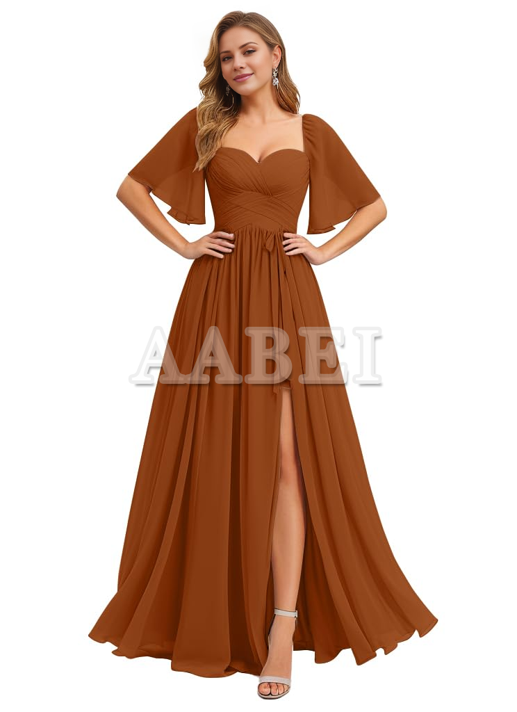 Formal Wear Dresses Bridesmaid Dresses A Line Flutter Sleeves Ruched Chiffon Side Fork Long Wedding Guest Dresses