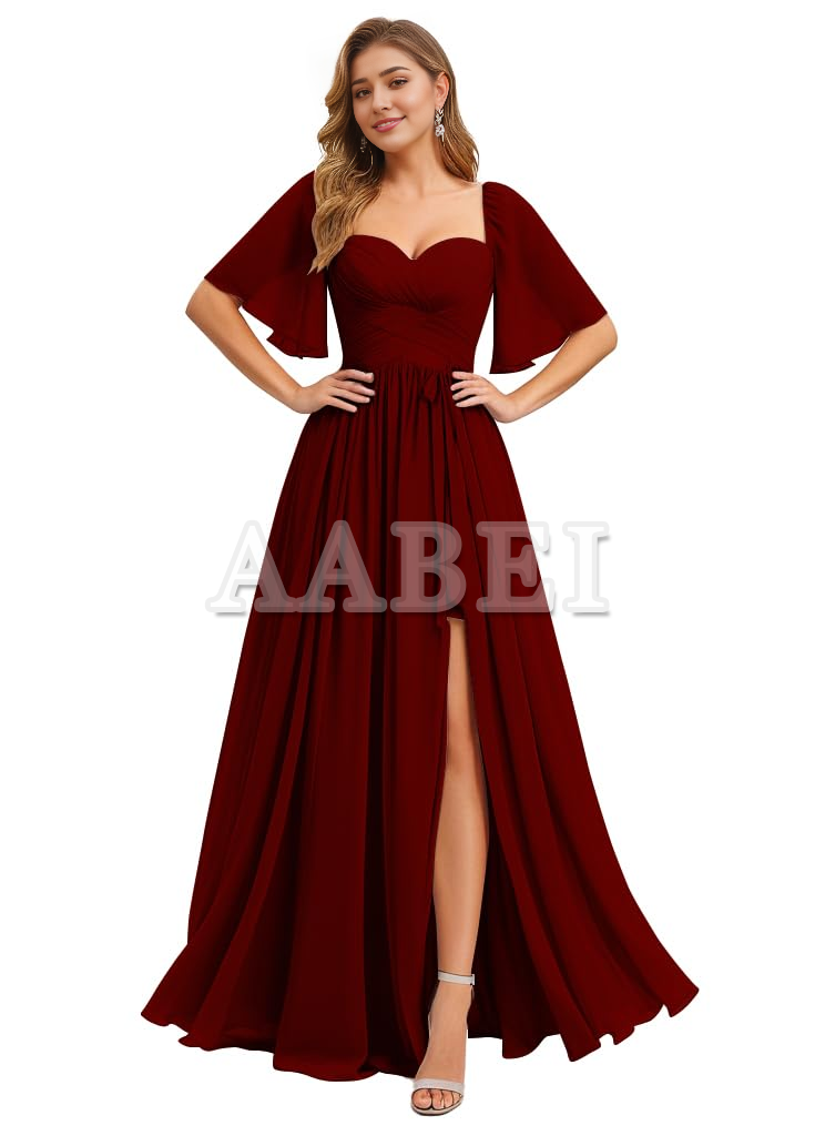 Formal Wear Dresses Bridesmaid Dresses A Line Flutter Sleeves Ruched Chiffon Side Fork Long Wedding Guest Dresses