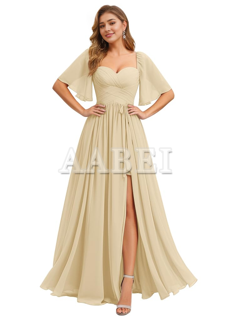 Formal Wear Dresses Bridesmaid Dresses A Line Flutter Sleeves Ruched Chiffon Side Fork Long Wedding Guest Dresses