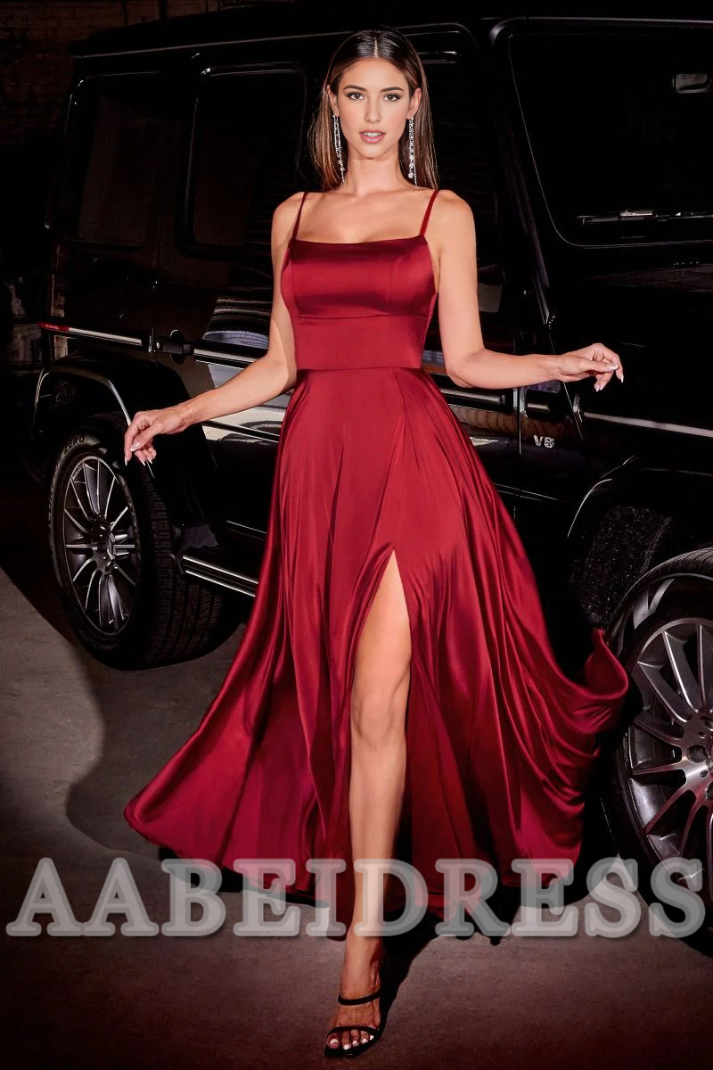 AABEI DRESS Bridesmaid Dresses Satin A-line Spaghetti Strap Side Fork Elegant Simple Dress Wedding Guests Dresses
