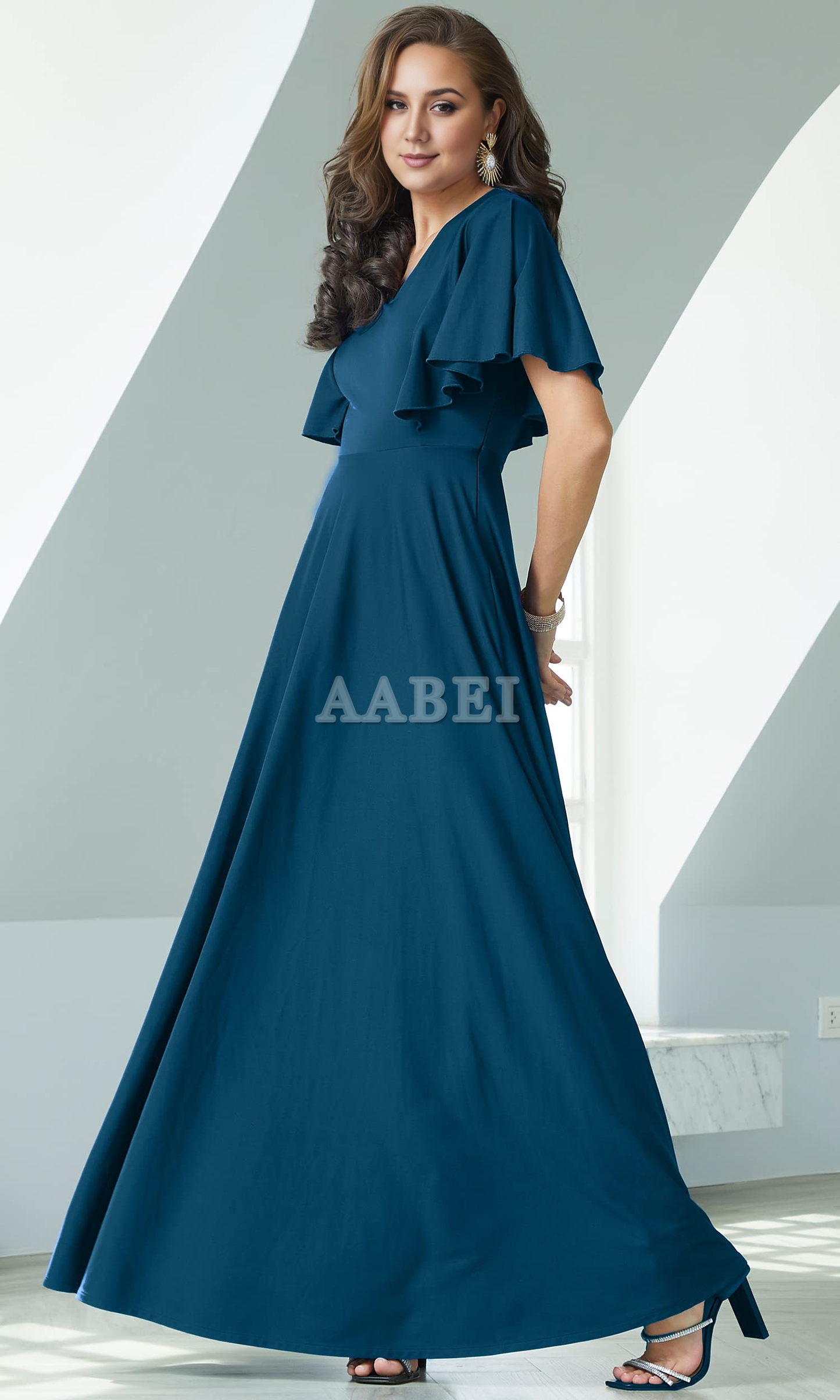 Formal Wear Dresses Bridesmaid Dresses A Line V Neck Flutter Sleeve Long Elegant Wedding Guest Dresses