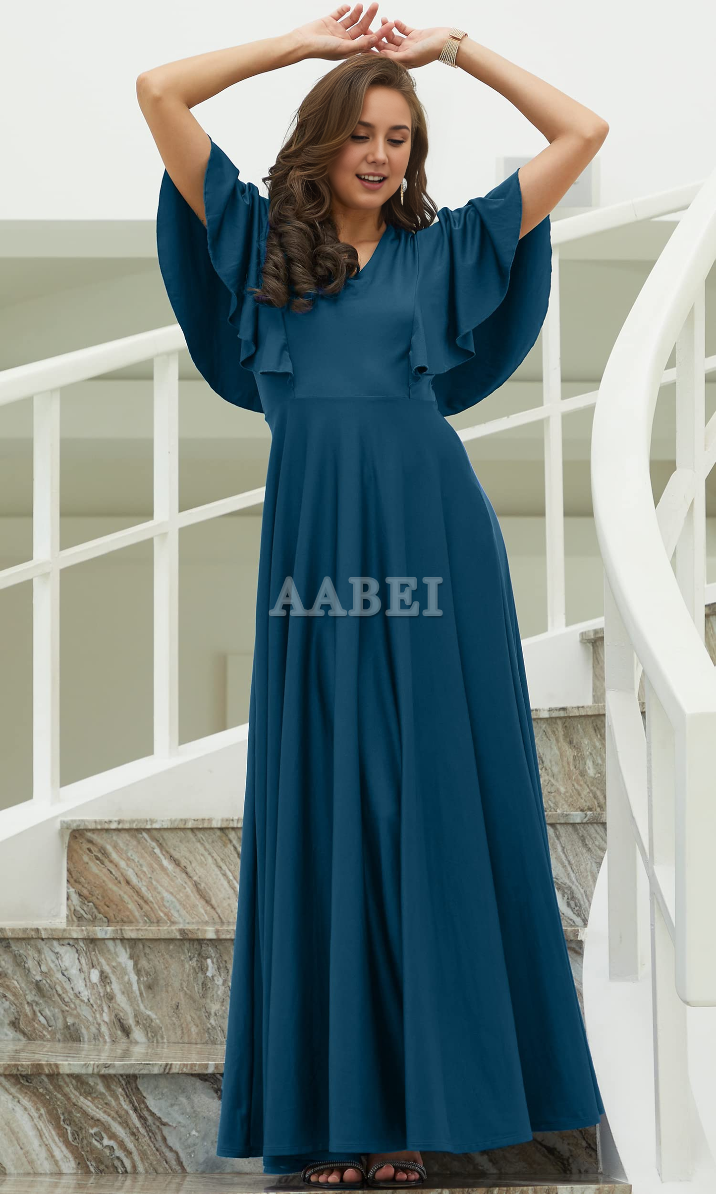 Formal Wear Dresses Bridesmaid Dresses A Line V Neck Flutter Sleeve Long Elegant Wedding Guest Dresses