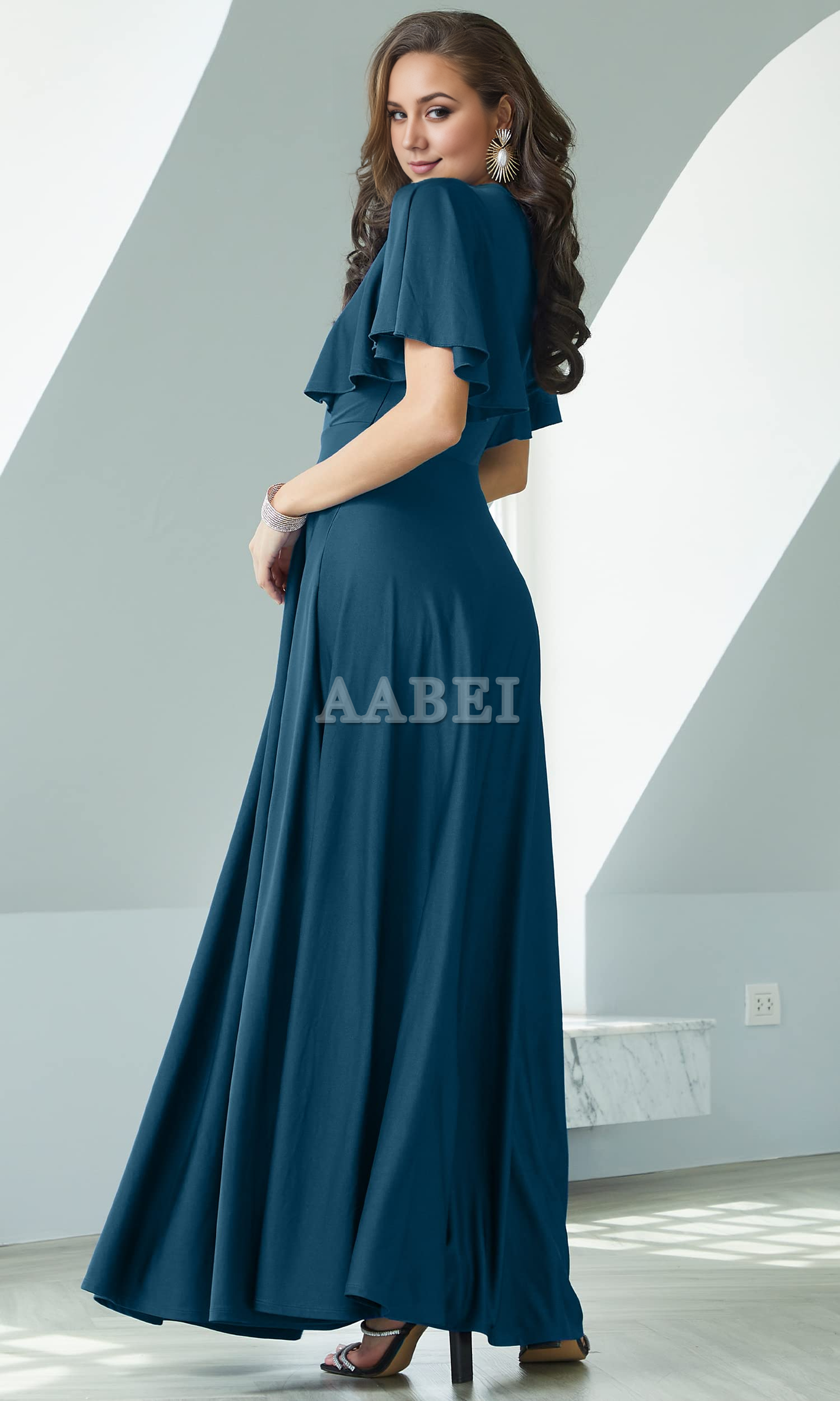 Formal Wear Dresses Bridesmaid Dresses A Line V Neck Flutter Sleeve Long Elegant Wedding Guest Dresses