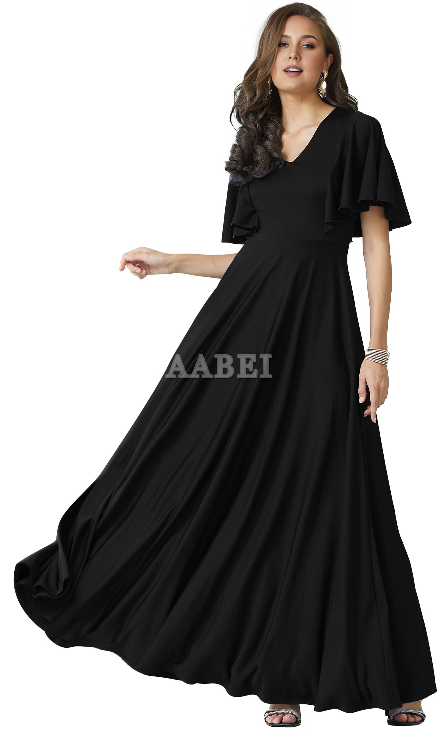 Formal Wear Dresses Bridesmaid Dresses A Line V Neck Flutter Sleeve Long Elegant Wedding Guest Dresses