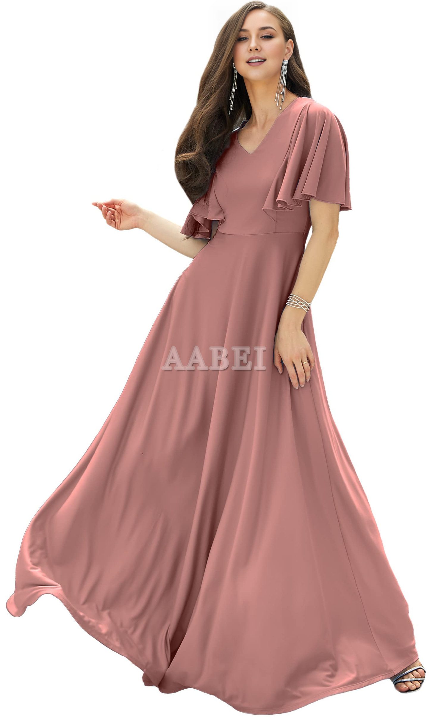 Formal Wear Dresses Bridesmaid Dresses A Line V Neck Flutter Sleeve Long Elegant Wedding Guest Dresses