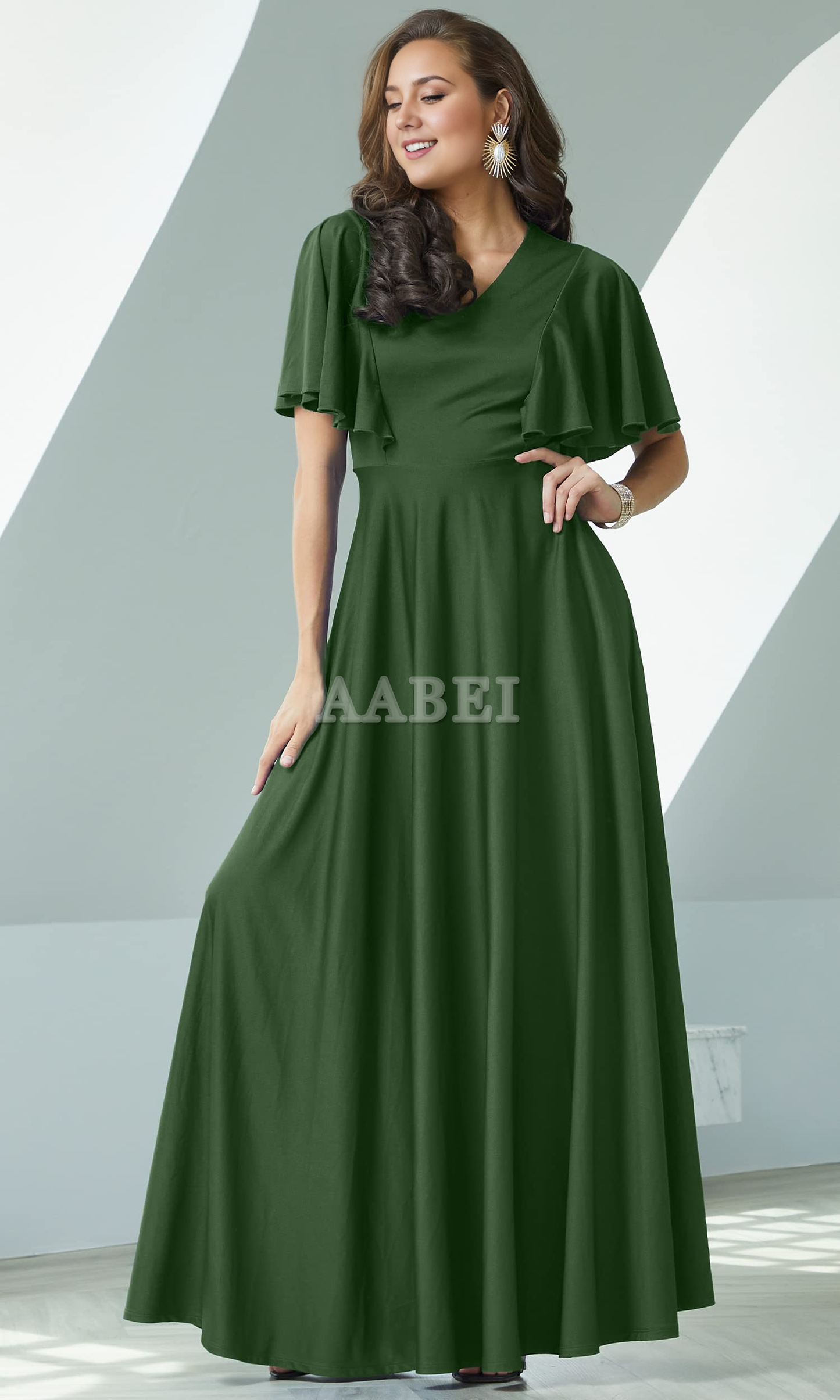 Formal Wear Dresses Bridesmaid Dresses A Line V Neck Flutter Sleeve Long Elegant Wedding Guest Dresses