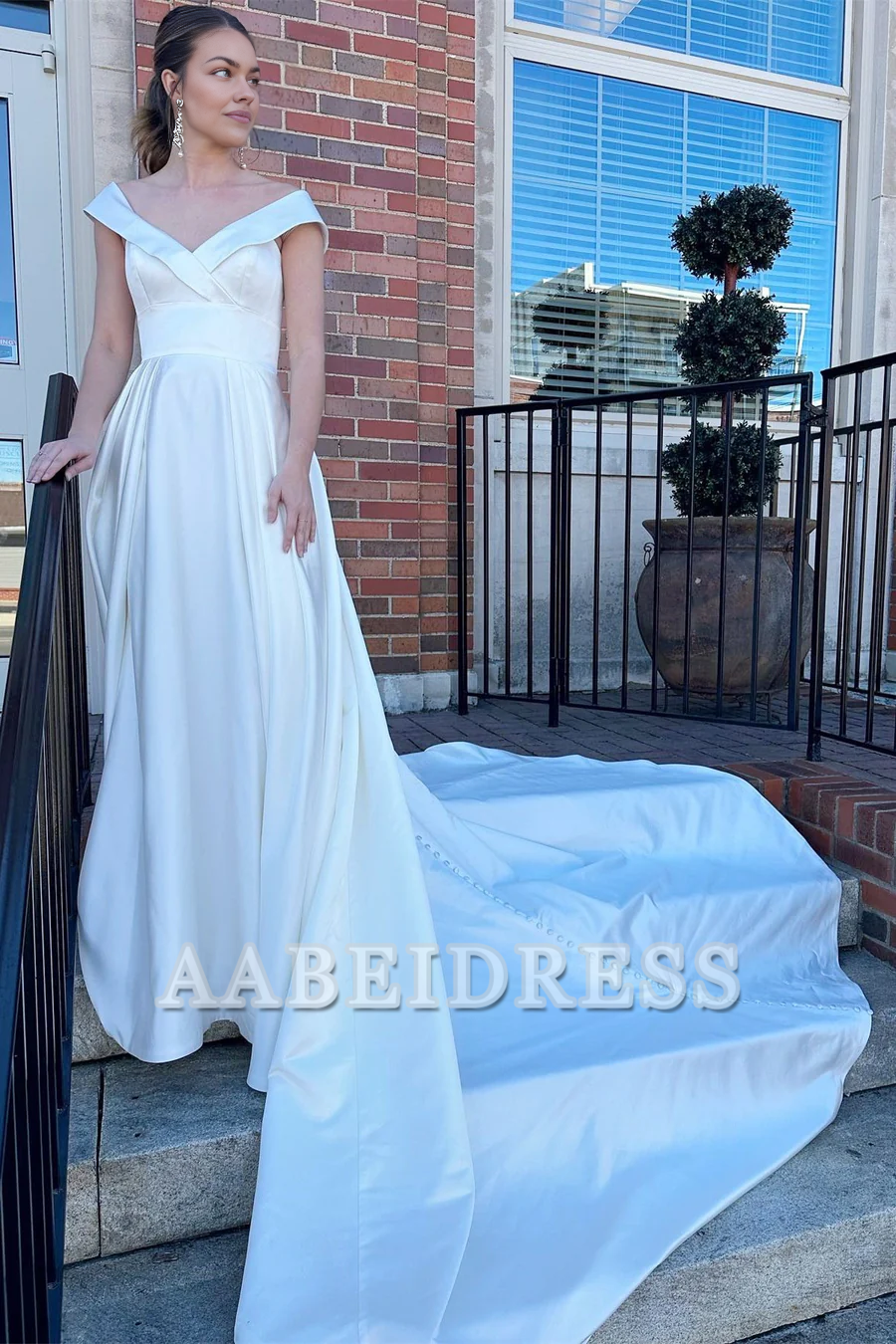 AABEI DRESS High Quality Youthful Wedding Dress A-Line V Neck High-Waist Long Sweep Train Formal Dresses