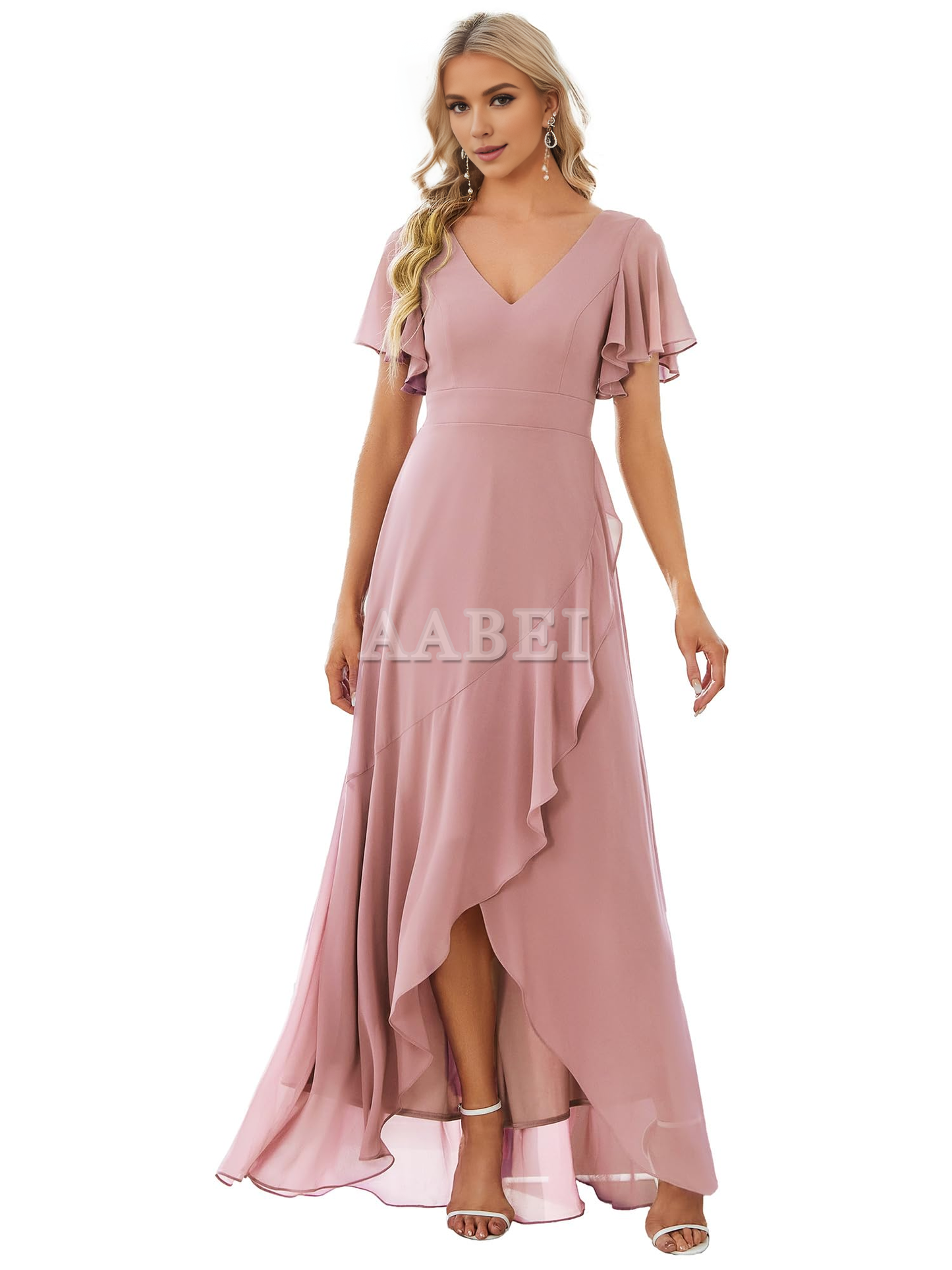 Formal Wear Dresses Bridesmaid Dresses A Line V Neck Ruffle High Low Chiffon Elegant Simple Wedding Guest Dresses
