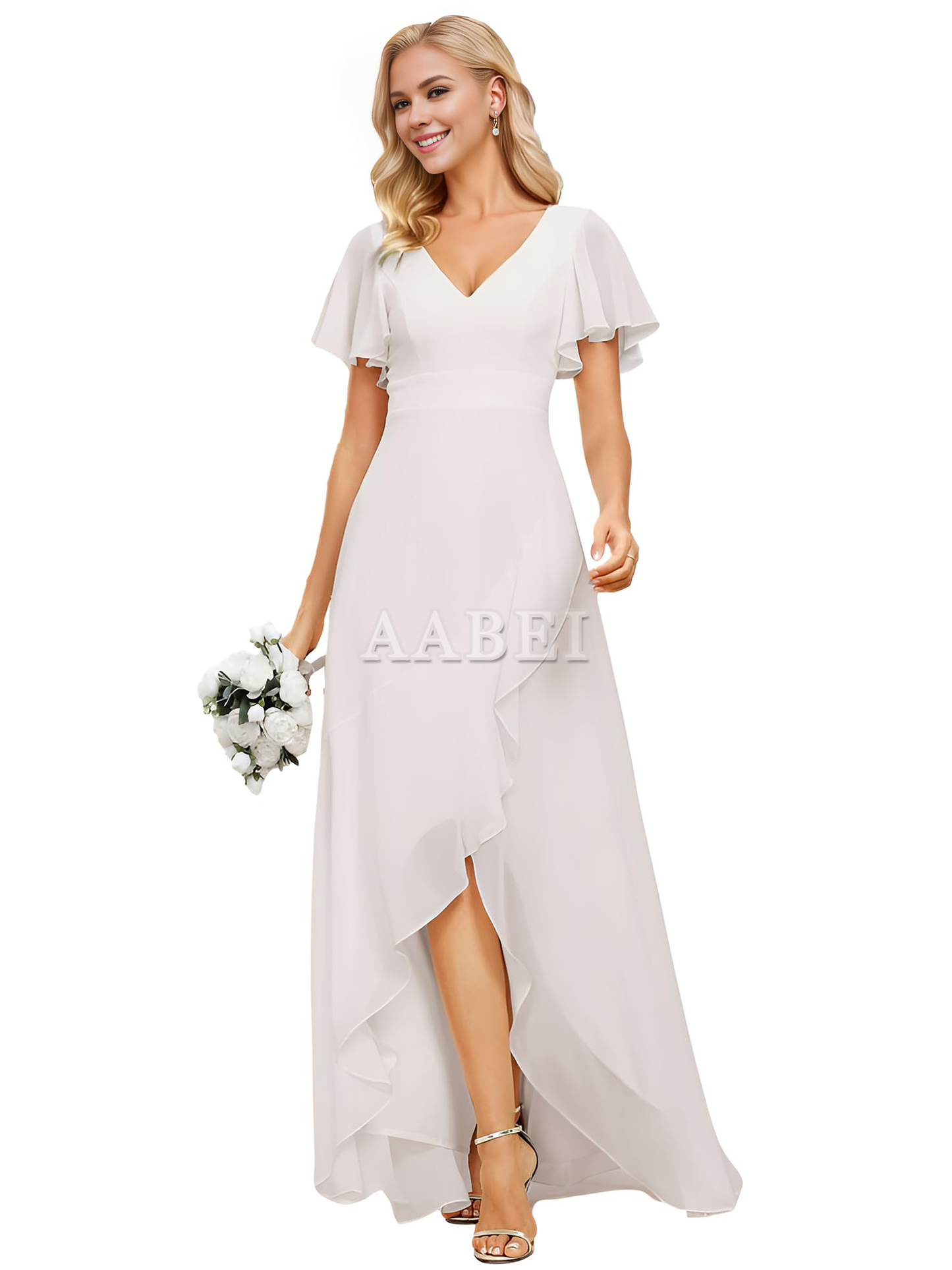 Formal Wear Dresses Bridesmaid Dresses A Line V Neck Ruffle High Low Chiffon Elegant Simple Wedding Guest Dresses