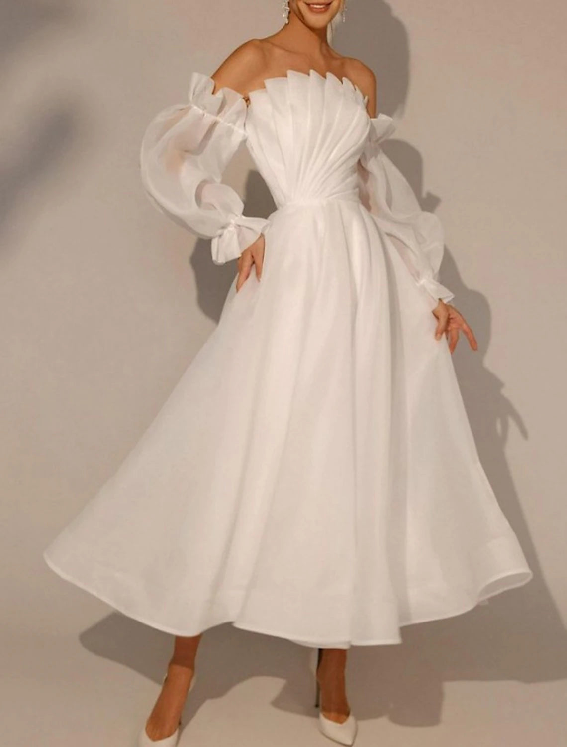 Wedding Dresses A-Line Square Neck Long Sleeve Ankle Length Bridal Gow