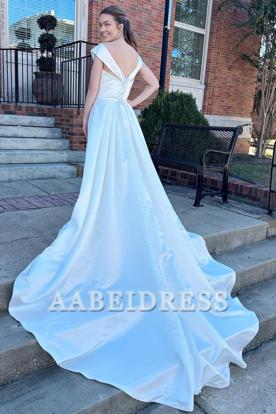 AABEI DRESS High Quality Youthful Wedding Dress A-Line V Neck High-Waist Long Sweep Train Formal Dresses