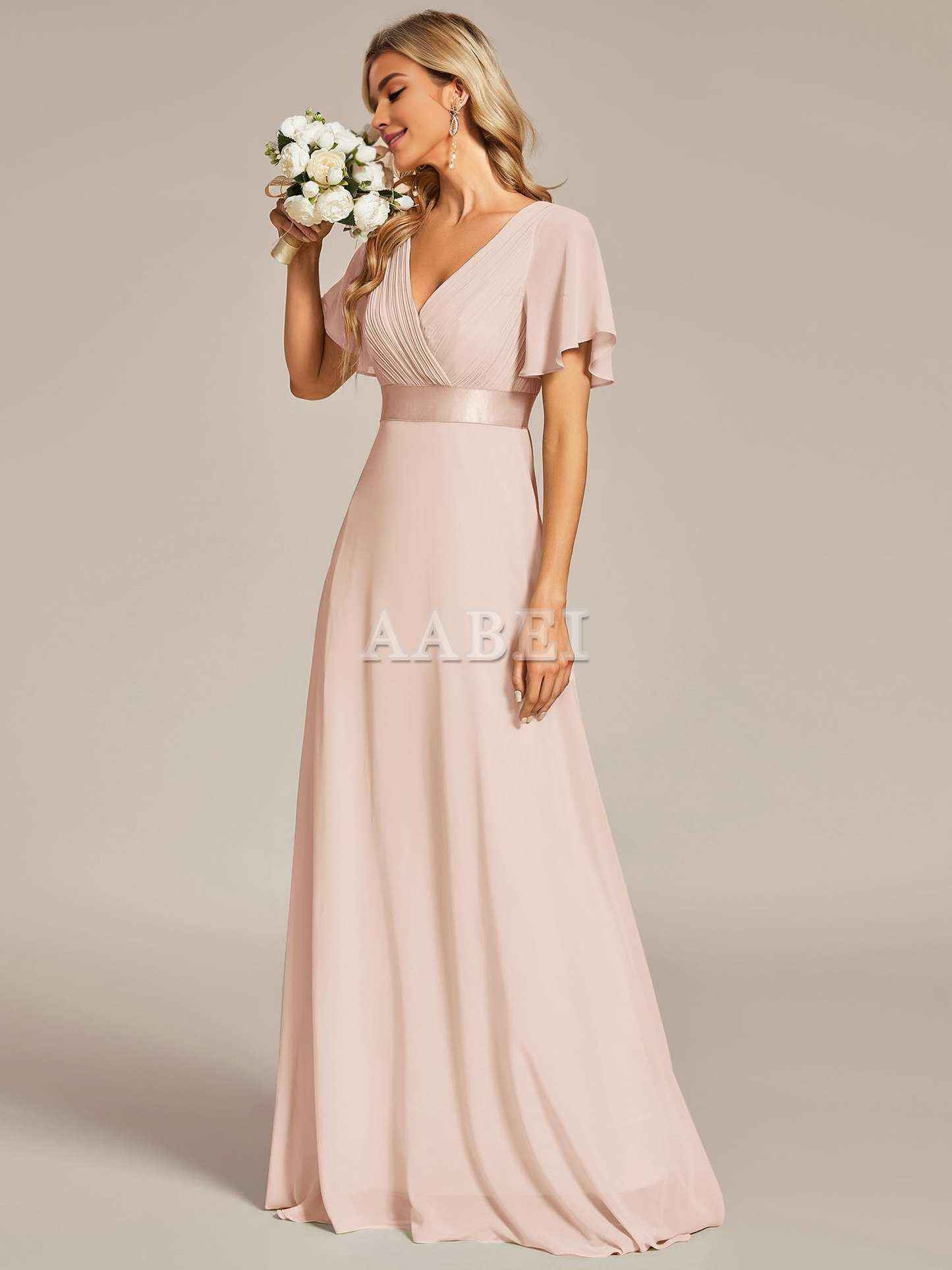 Formal Wear Dresses Bridesmaid Dresses Short Sleeve V-Neck Elegant Simple Floor Length High Quality Wedding Guest Dresses