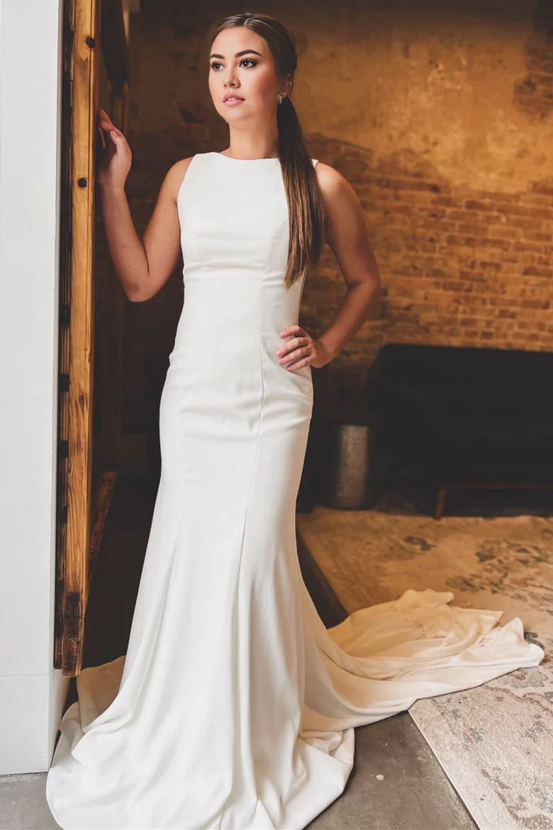 AABEI DRESS High Quality Unique Wedding Dress Mermaid Sleeveless Bateau Cutout Back Bow Trumpet Long Sweep Train Formal Dresses