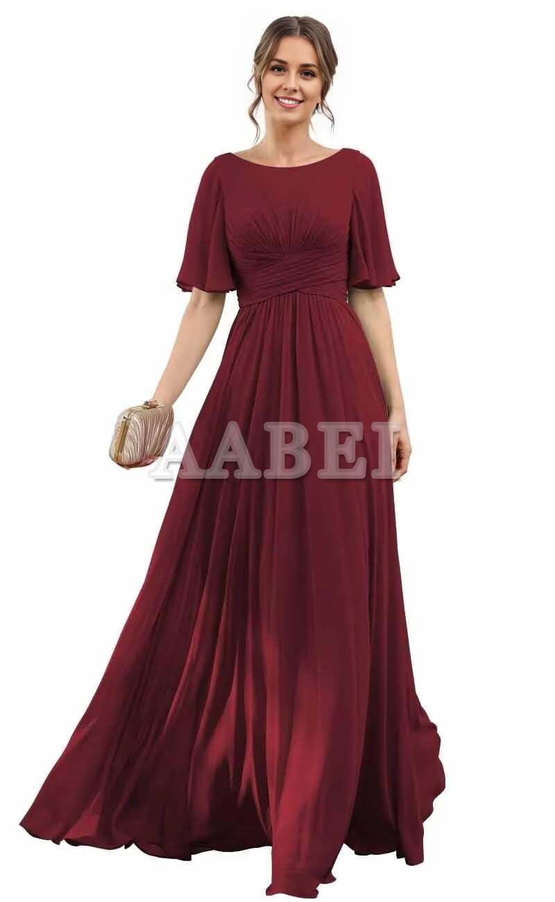 Formal Wear Dresses Bridesmaid Dresses A-Line Scoop Neck Elegant Flutter Sleeve Chiffon Pleated Long Wedding Guest Dresses