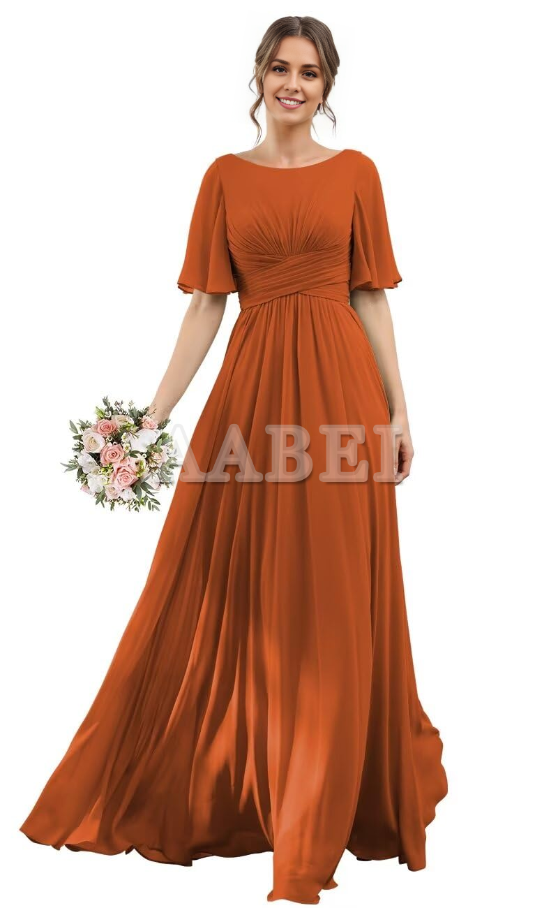 Formal Wear Dresses Bridesmaid Dresses A-Line Scoop Neck Elegant Flutter Sleeve Chiffon Pleated Long Wedding Guest Dresses
