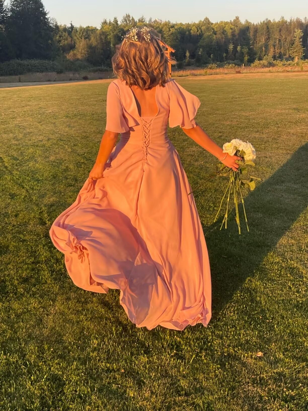 Formal Wear Dresses Bridesmaid Dresses A-Line Scoop Neck Elegant Flutter Sleeve Chiffon Pleated Long Wedding Guest Dresses