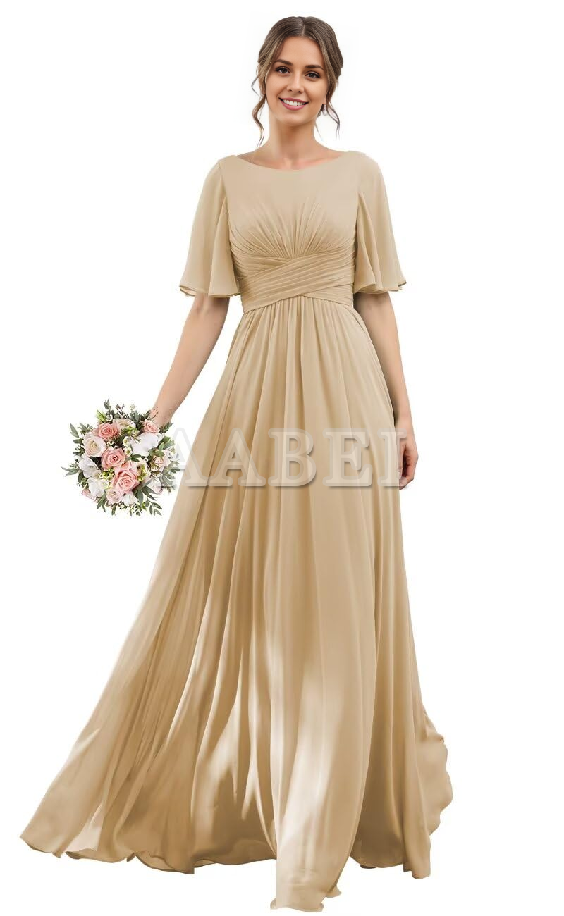 Formal Wear Dresses Bridesmaid Dresses A-Line Scoop Neck Elegant Flutter Sleeve Chiffon Pleated Long Wedding Guest Dresses