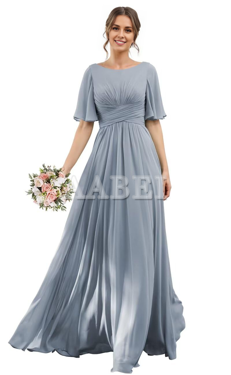 Formal Wear Dresses Bridesmaid Dresses A-Line Scoop Neck Elegant Flutter Sleeve Chiffon Pleated Long Wedding Guest Dresses