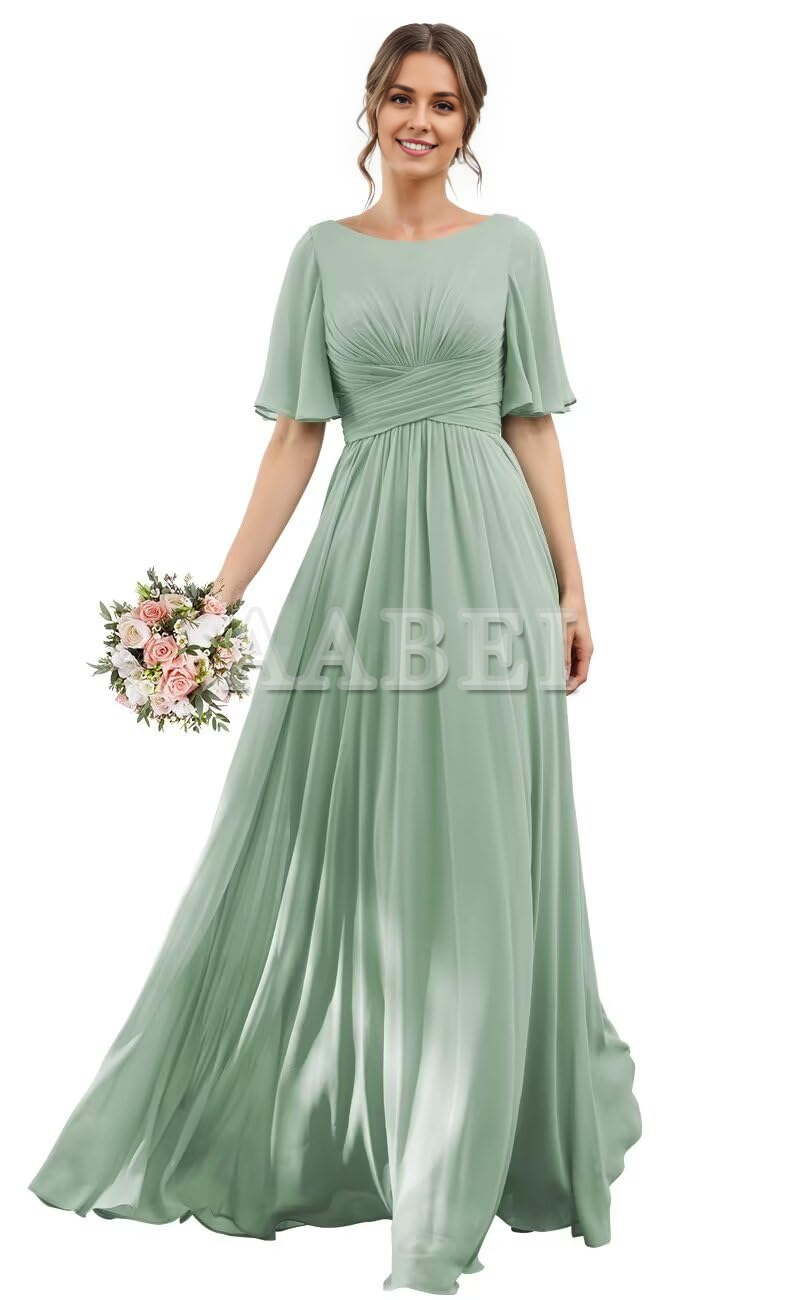 Formal Wear Dresses Bridesmaid Dresses A-Line Scoop Neck Elegant Flutter Sleeve Chiffon Pleated Long Wedding Guest Dresses