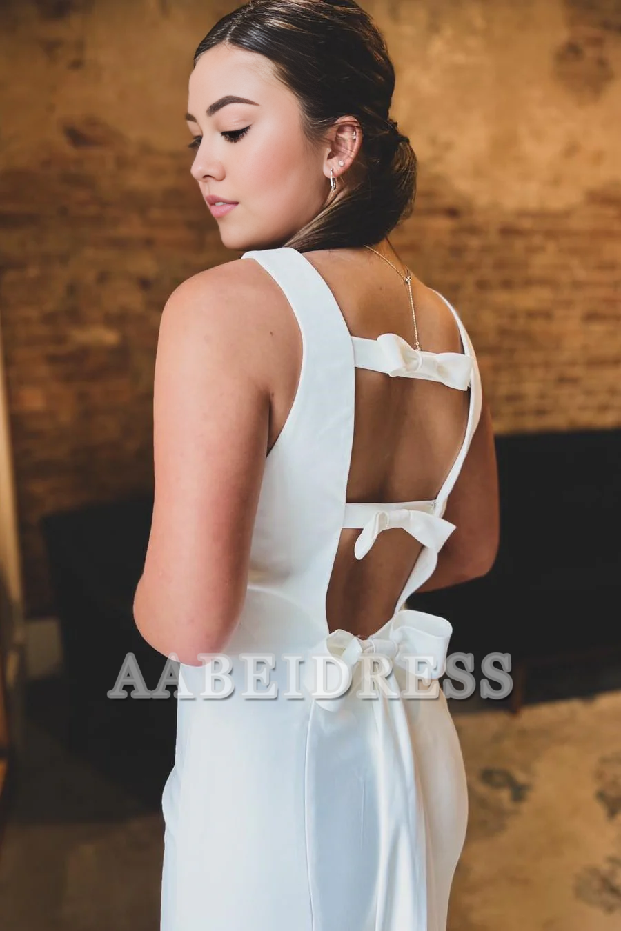 AABEI DRESS High Quality Unique Wedding Dress Mermaid Sleeveless Bateau Cutout Back Bow Trumpet Long Sweep Train Formal Dresses