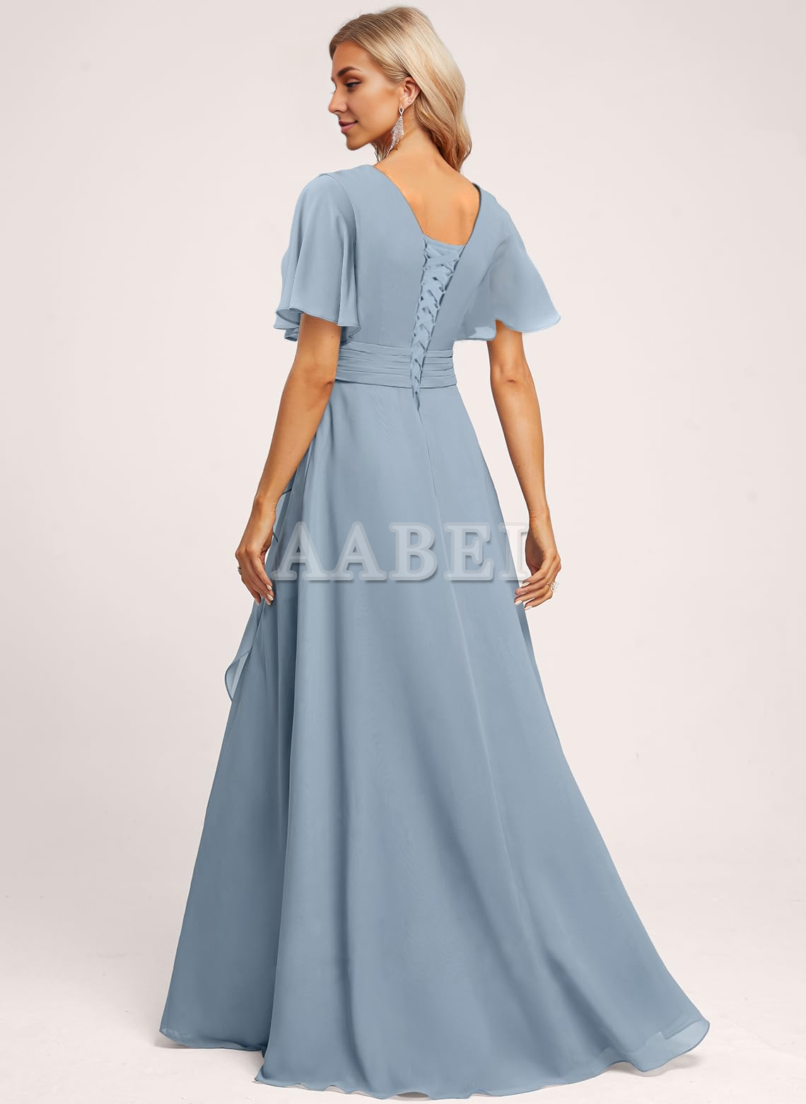 Formal Wear Dresses Bridesmaid Dresses Elegant V Neck Flutter Sleeve Ruffle Side Fork Long Wedding Guest Dresses