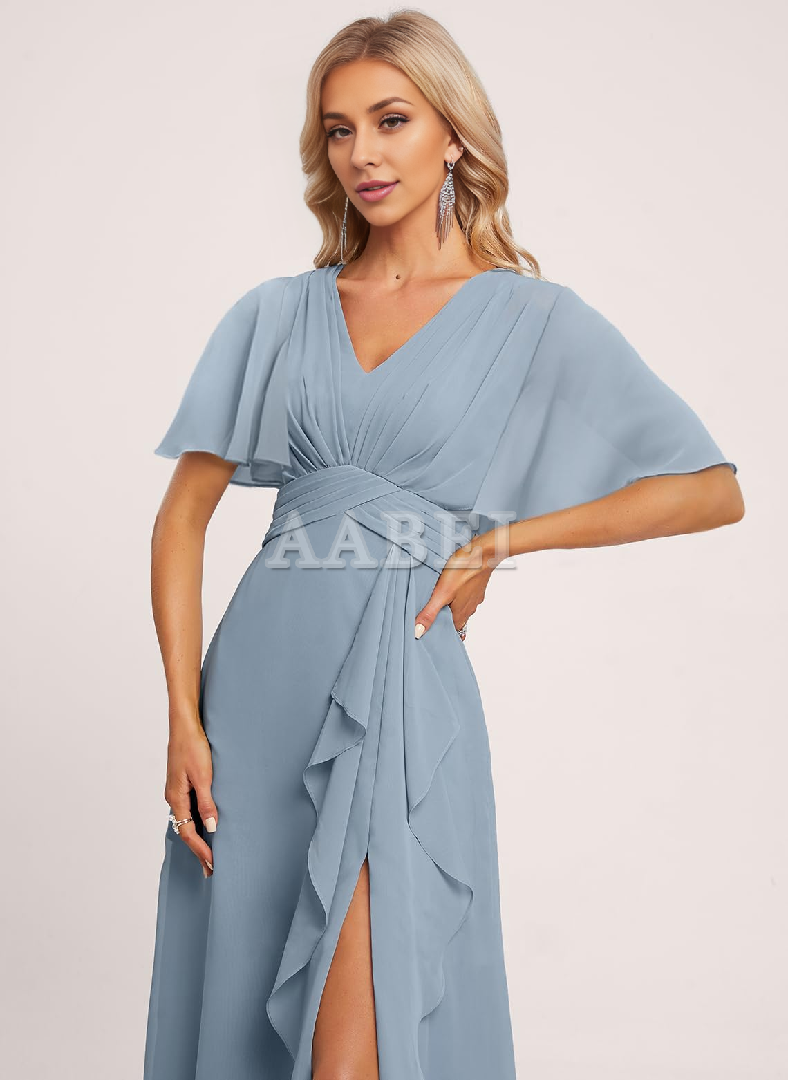 Formal Wear Dresses Bridesmaid Dresses Elegant V Neck Flutter Sleeve Ruffle Side Fork Long Wedding Guest Dresses