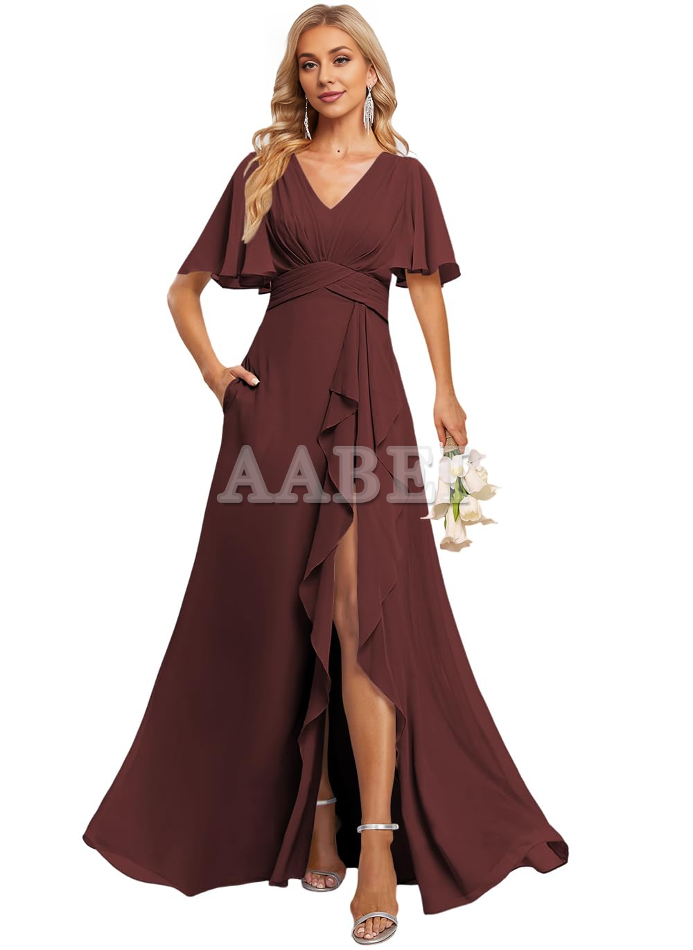 Formal Wear Dresses Bridesmaid Dresses Elegant V Neck Flutter Sleeve Ruffle Side Fork Long Wedding Guest Dresses