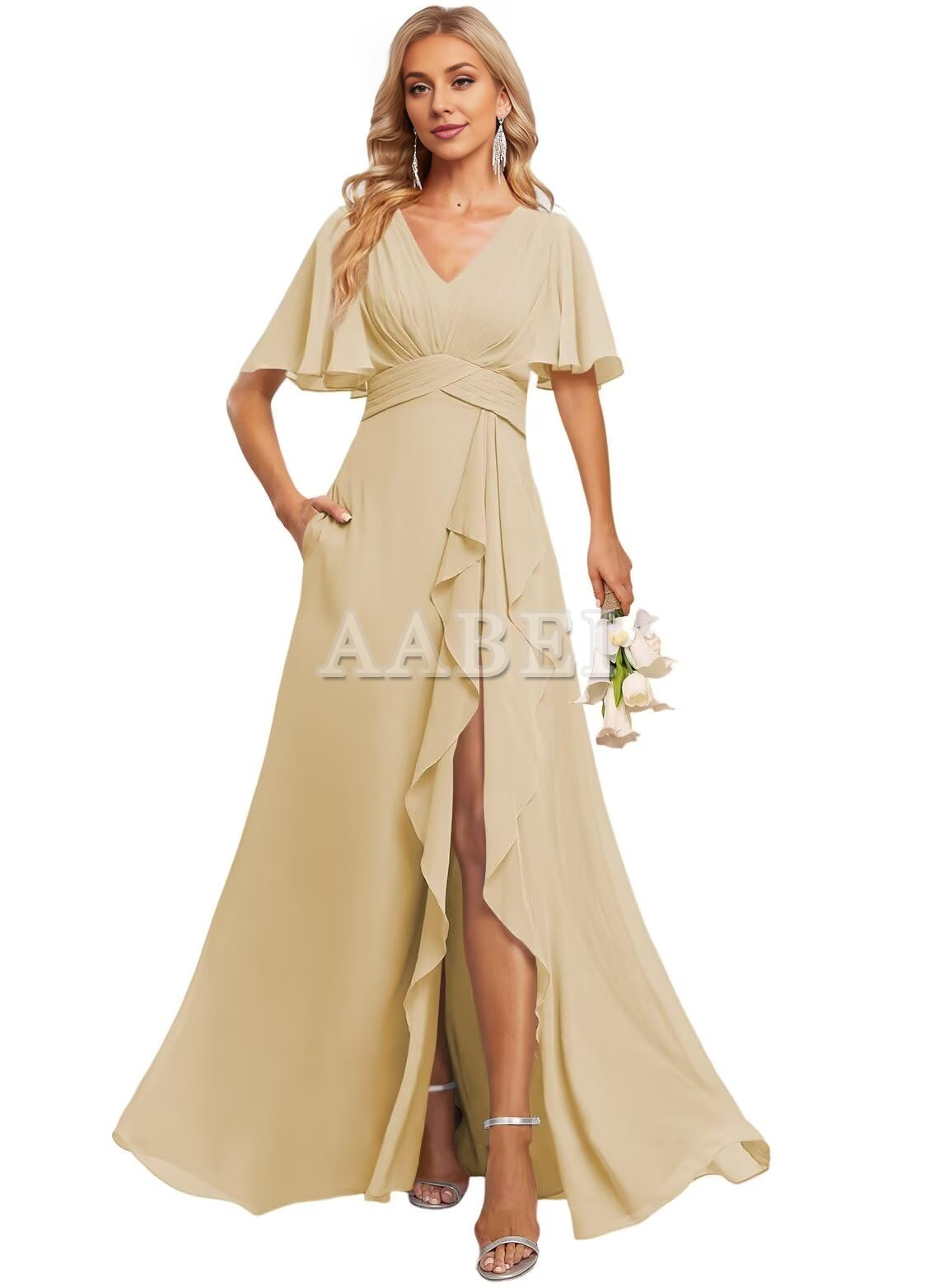 Formal Wear Dresses Bridesmaid Dresses Elegant V Neck Flutter Sleeve Ruffle Side Fork Long Wedding Guest Dresses