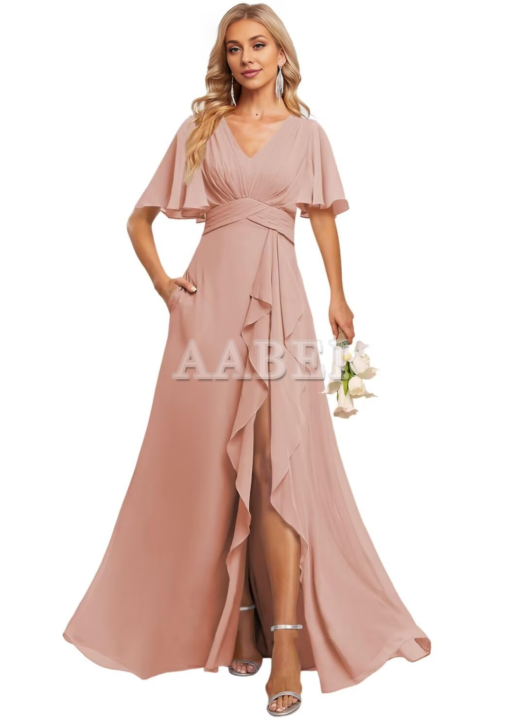 Formal Wear Dresses Bridesmaid Dresses Elegant V Neck Flutter Sleeve Ruffle Side Fork Long Wedding Guest Dresses
