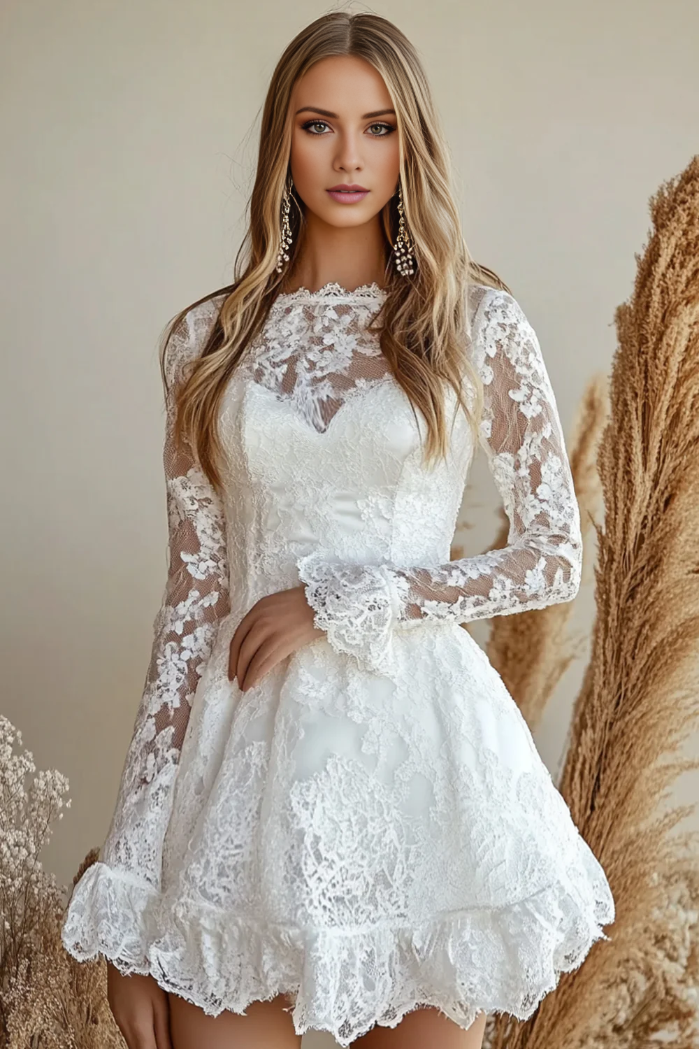 AABEI DRESS Hot Sale Homecoming Dress Exquisite Lace A Line Scoop Long Sleeves Short Graduation Dress