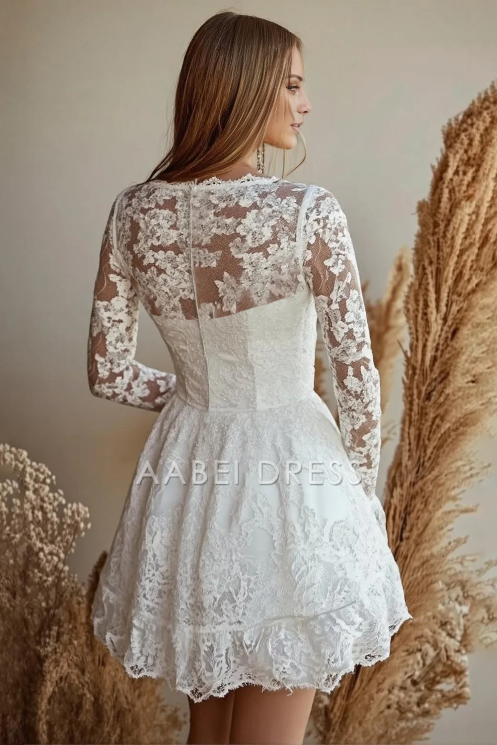 AABEI DRESS Hot Sale Homecoming Dress Exquisite Lace A Line Scoop Long Sleeves Short Graduation Dress