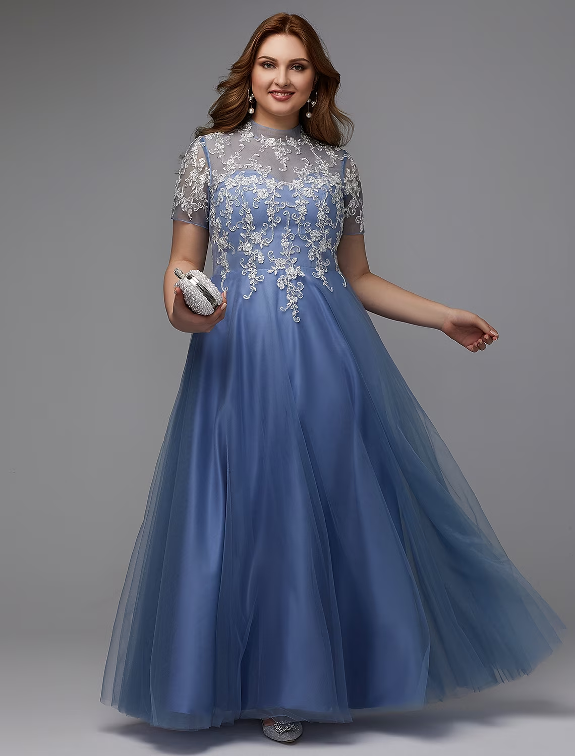 A-Line Plus Size Dress Wedding Guest Floor Length Short Sleeve High Neck Lace Lace-up with Appliques Mother of the Bride Dresses