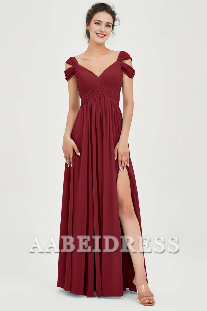 AABEI DRESS Bridesmaid Dresses Chiffon A-Line V-Neck Sleeveless Pleated Side Fork Floor-Length Elegant Dresses Wedding Guests Dresses