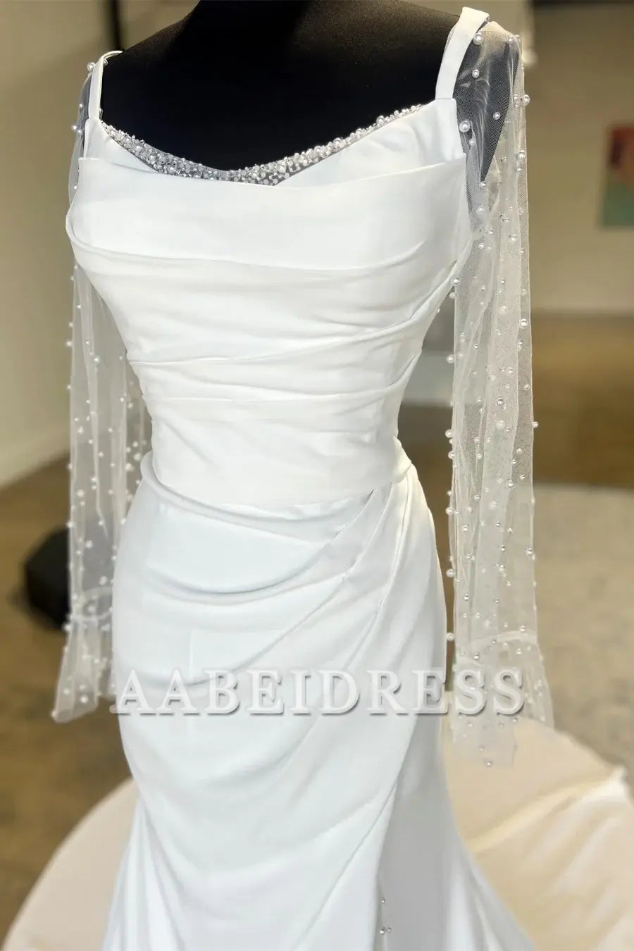 AABEI DRESS High Quality Intricate Wedding Dress Backless Ruched Wedding Dress Detachable Pearl Sleeves Unique Formal Dresses